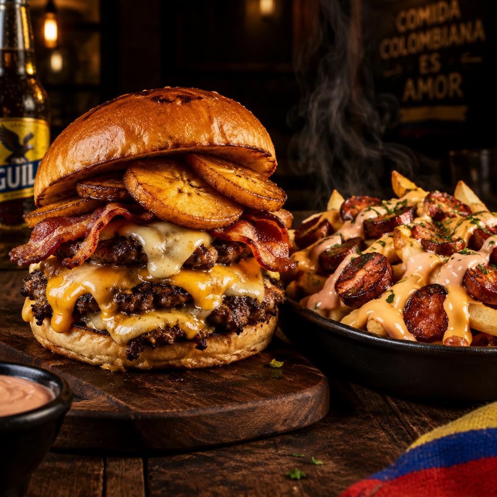Colombian burger and salchipapa at Los Brothers Restaurant